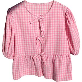 MakeMeChic Women's Plaid Gingham Bow Blouse Puff Sleeve Crew Neck Ruffle Hem Blouses Top