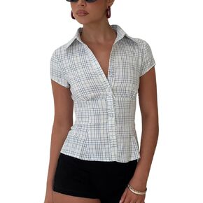 Women Y2k Short Sleeve Button Down Shirts Coquette V Neck Collared Crop Tops Vintage Slim Fit Going Out Blouse