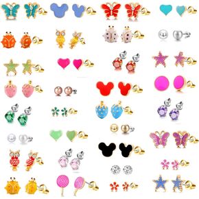 33 Pairs 18K Gold Plated Small Cute Simple Post Stud Earrings Set for Girls Kids Gold Tone Mix and Match (#8-flower and animal)