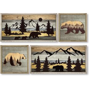 Wesiti 4 Pcs Bear Wall Art Rustic 3D Cabin Wall Decor Christmas Decorative Forest Mountain Woodland Bear Pictures Farmhouse Decor Country House Animal Wildlife Pictures Hunting Art for Home