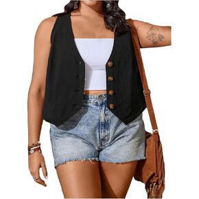 Women's Plus Size Button Down Jackets Vest V Neck Sleeveless Casual Cardigan Outerwear