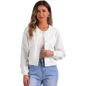 Allegra K Cropped Bomber Jacket for Women's Stand Collar Button Down Biker Moto Jackets