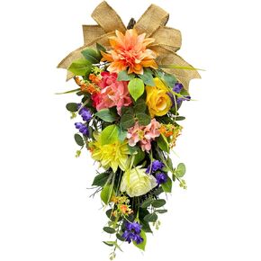 Spring Summer Floral Teardrop Swags Lighted Mixed Flower Teardrop Wreath with Dahlia Pinnata Peonies Rose Burlap Bow and Eucalyptus Leaves Floral Arrangement for Door Wall Mantel Window