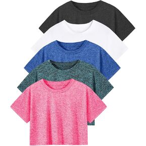 Cosy Pyro 5-Pack Women's Dry Fit Crop T-Shirts Short Sleeve Solid Cropped Athletic Top Crew Neck Casual Workout Yoga Tees