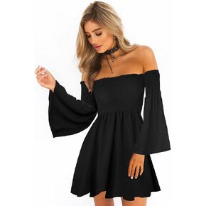 Women's Dress Summer Floral Long Sleeve Off Shoulder Casual Mini Dresses