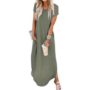 Women Summer Long Sundress Crewneck Short Sleeve Maxi Dress 2025 Casual Loose Beach Dress with Pockets