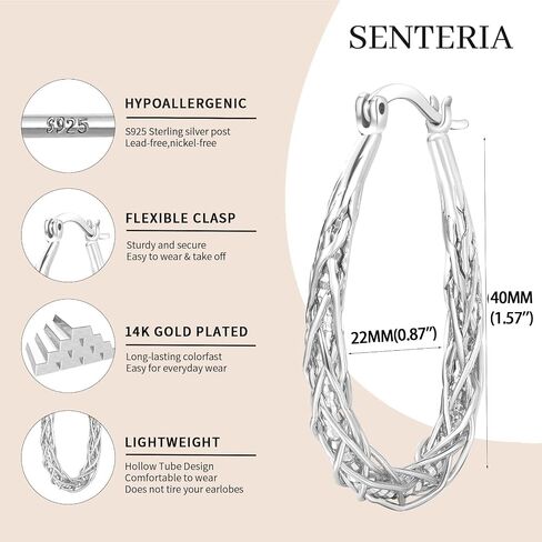 أقراط Senteria Sterling Silver Hoop - متوسطة ، خفيفة الوزن ، تويست أطواق بيضاوية سميكة in Kuwait