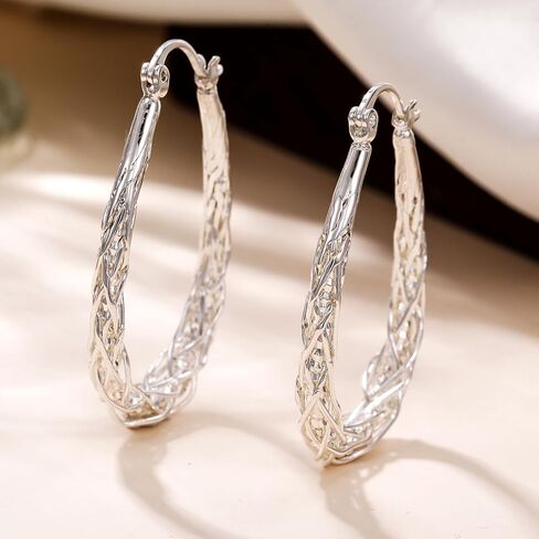 أقراط Senteria Sterling Silver Hoop - متوسطة ، خفيفة الوزن ، تويست أطواق بيضاوية سميكة in Kuwait