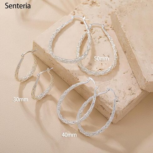 أقراط Senteria Sterling Silver Hoop - متوسطة ، خفيفة الوزن ، تويست أطواق بيضاوية سميكة in Kuwait