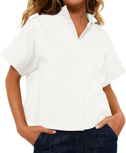 Cicy Bell Womens Cropped Short Sleeve Button Down Shirts Pleated Summer Dressy Casual Blouse Stand Collar Loose Fit Tops in Saudi Arabia