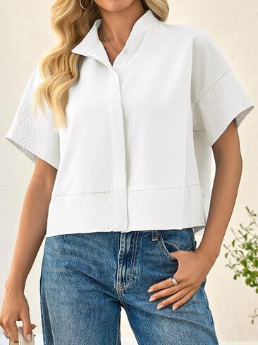 Cicy Bell Womens Cropped Short Sleeve Button Down Shirts Pleated Summer Dressy Casual Blouse Stand Collar Loose Fit Tops in Saudi Arabia