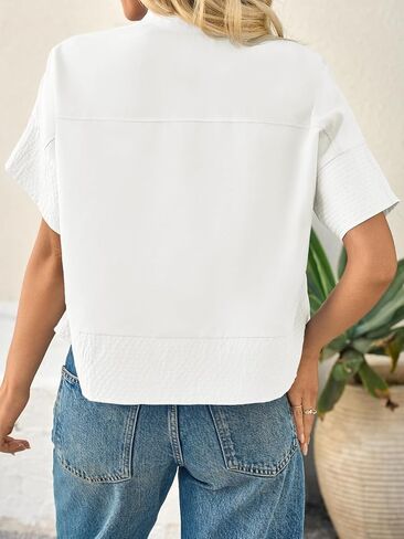 Cicy Bell Womens Cropped Short Sleeve Button Down Shirts Pleated Summer Dressy Casual Blouse Stand Collar Loose Fit Tops in Saudi Arabia