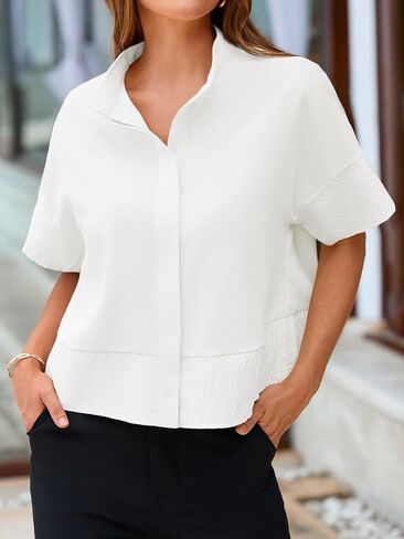 Cicy Bell Womens Cropped Short Sleeve Button Down Shirts Pleated Summer Dressy Casual Blouse Stand Collar Loose Fit Tops in Saudi Arabia