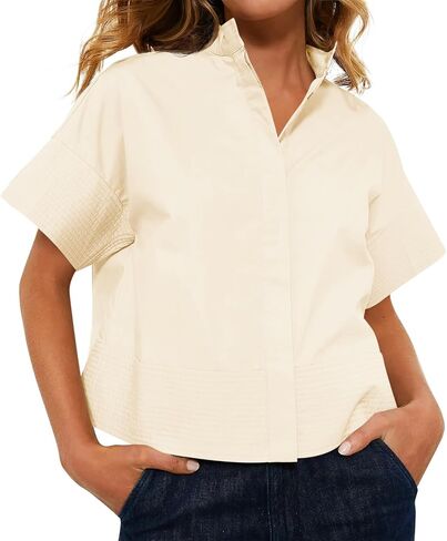 جرس Cicy Bell Womens زر قصير زر قصير أسفل القمصان مطوية الصيف الأنبوقة بلوزة عارضات الطوق in Saudi Arabia