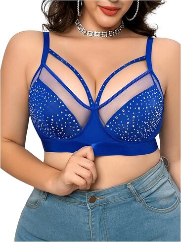 MakeMeChic Women's Plus Size Rhinestone Sparkly Bra Wireless Bralette Cut Out Comfy Bras in Saudi Arabia