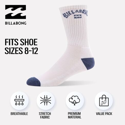Billabong Mens Socks 8 Pairs Crew Socks for Men Mensium Athletic Shoe Size 8-12 in Saudi Arabia