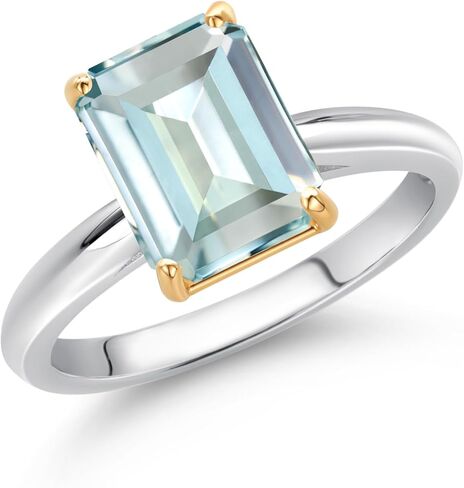 GEM Stone King 925 Silver and 10K أصفر الذهب 9x7mm Emerald Cut Gemstone Birthstone خاتم الخطوبة | رنين الوعد الذكرى السنوية للنساء | متوفر في الحجم 5 ، 6 ، 7 ، 8 ، 9 in Kuwait