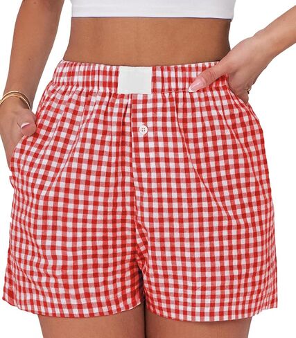 سراويل ملاكمة للسيدات القطن الصيف غير الرسمي Pajama Y2K Sleep Gingham Plaid Shorts مع جيوب in Kuwait