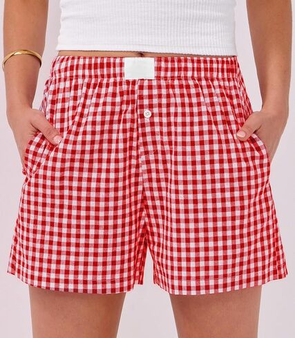 سراويل ملاكمة للسيدات القطن الصيف غير الرسمي Pajama Y2K Sleep Gingham Plaid Shorts مع جيوب in Kuwait