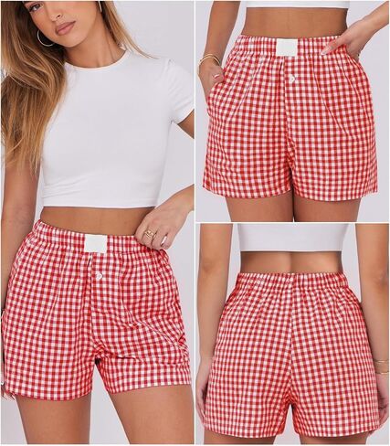 سراويل ملاكمة للسيدات القطن الصيف غير الرسمي Pajama Y2K Sleep Gingham Plaid Shorts مع جيوب in Kuwait