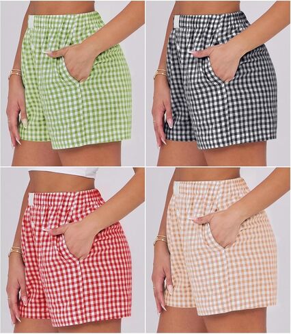 سراويل ملاكمة للسيدات القطن الصيف غير الرسمي Pajama Y2K Sleep Gingham Plaid Shorts مع جيوب in Kuwait