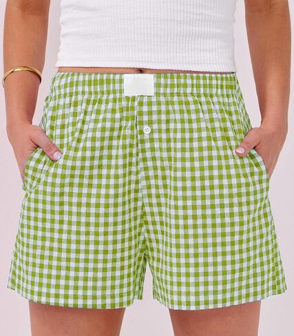 سراويل ملاكمة للسيدات القطن الصيف غير الرسمي Pajama Y2K Sleep Gingham Plaid Shorts مع جيوب in Kuwait