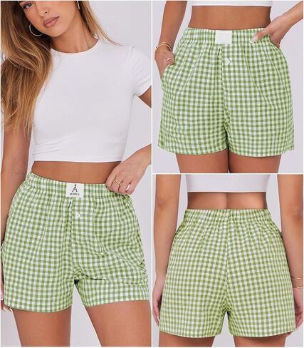 سراويل ملاكمة للسيدات القطن الصيف غير الرسمي Pajama Y2K Sleep Gingham Plaid Shorts مع جيوب in Kuwait