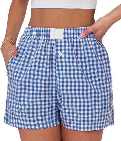 سراويل ملاكمة للسيدات القطن الصيف غير الرسمي Pajama Y2K Sleep Gingham Plaid Shorts مع جيوب in Kuwait