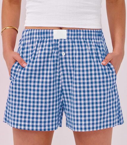 سراويل ملاكمة للسيدات القطن الصيف غير الرسمي Pajama Y2K Sleep Gingham Plaid Shorts مع جيوب in Kuwait