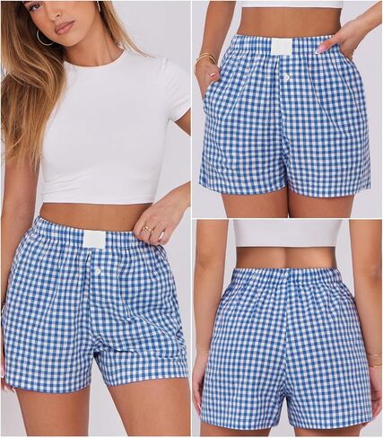 سراويل ملاكمة للسيدات القطن الصيف غير الرسمي Pajama Y2K Sleep Gingham Plaid Shorts مع جيوب in Kuwait