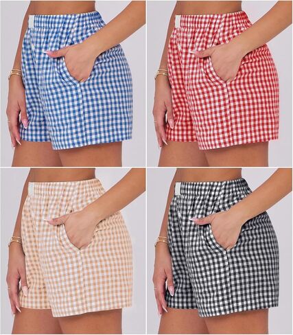 سراويل ملاكمة للسيدات القطن الصيف غير الرسمي Pajama Y2K Sleep Gingham Plaid Shorts مع جيوب in Kuwait