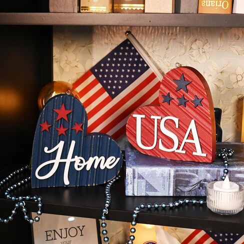 Valery Madelyn 4th of July Table Decorations, 2 Pcs Wooden Patriotic Tiered Tray Labor Day Decor Heart Centerpieces, 6 Inch Large Red White Blue Americana Home USA Sign for Home Independence Day in Saudi Arabia