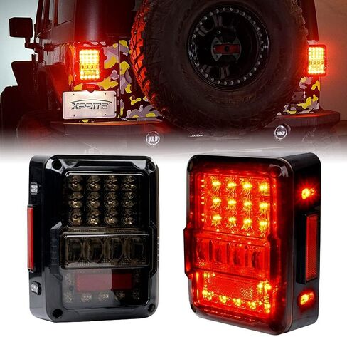 Xprite 4D Smoked LED Tail Lights Fit 2007-2018 Jeep Wrangler JK JKU Sahara/Rubicon/Sport, Plug & Play Rear Taillights w/Built-in Resistors, Parking, Brake, Turn Signal & Reverse Lights, DOT Approved in Saudi Arabia