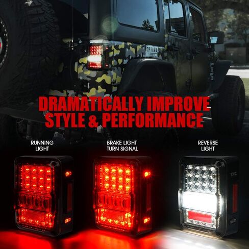 Xprite 4D Smoked LED Tail Lights Fit 2007-2018 Jeep Wrangler JK JKU Sahara/Rubicon/Sport, Plug & Play Rear Taillights w/Built-in Resistors, Parking, Brake, Turn Signal & Reverse Lights, DOT Approved in Saudi Arabia
