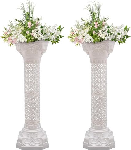 2 Pack Wedding Roman Column, 35" Tall Roman Pillars Plastic Flower Pot Columns Pedstal Stand Wedding Road Lead Decorations, Bearing About 110.23lbs Each, White in Saudi Arabia