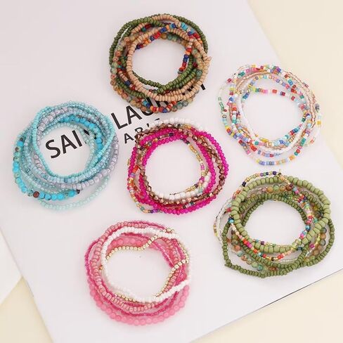 Rice Beads Crystal Fringe Bracelet for Women Handmade Boho Colorful Stackable Bead Bracelets Set Multicolor Seed Layered Stretch Bracelets Party Jewelry Gift in Saudi Arabia