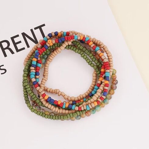 Rice Beads Crystal Fringe Bracelet for Women Handmade Boho Colorful Stackable Bead Bracelets Set Multicolor Seed Layered Stretch Bracelets Party Jewelry Gift in Saudi Arabia