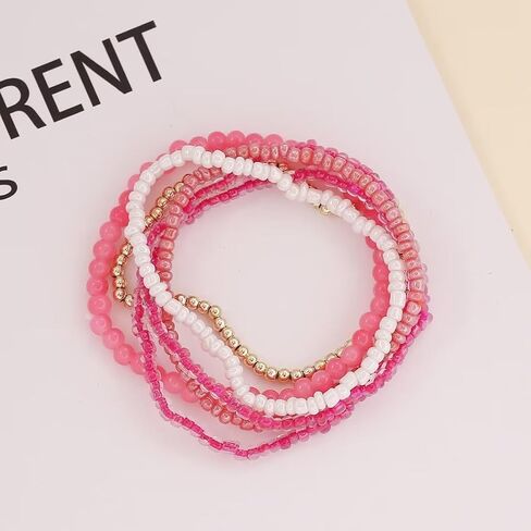 Rice Beads Crystal Fringe Bracelet for Women Handmade Boho Colorful Stackable Bead Bracelets Set Multicolor Seed Layered Stretch Bracelets Party Jewelry Gift in Saudi Arabia