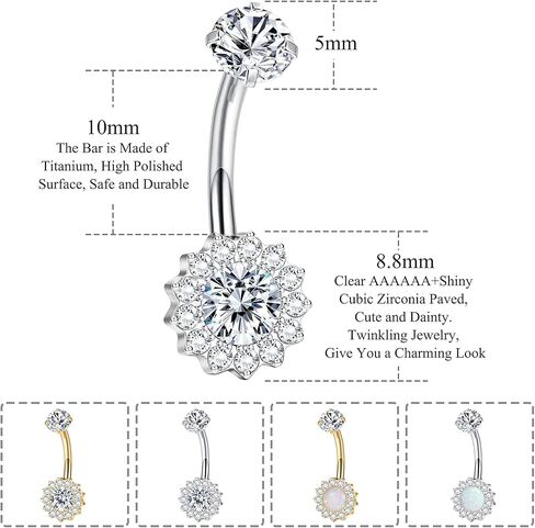 Titanium Belly Button Ring 14G Belly Button Rings AAAAAA Cubic Zirconia Flower Opal 10mm Gold Plated Belly Ring for Women Halo Internally Threaded Navel Body Belly Piercing in Kuwait