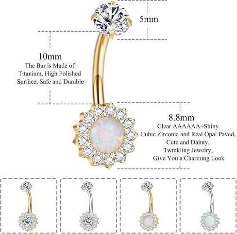Titanium Belly Button Ring 14G Belly Button Rings AAAAAA Cubic Zirconia Flower Opal 10mm Gold Plated Belly Ring for Women Halo Internally Threaded Navel Body Belly Piercing in Kuwait