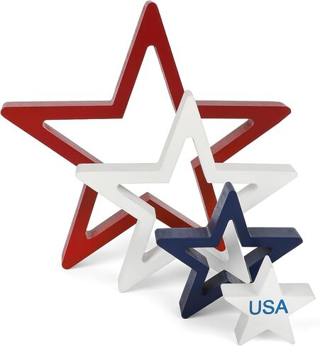 4th of July Decorations Stars Set of 4, Red White Blue Decor, Patriotic Memorial Day Star Tiered Tray Decor, Labor Day Fourth of July Decoration for Home Office Table Shelf (Solid Color) in Kuwait