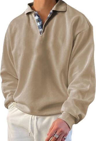 Opomelo Men's Long Sleeve Pullover Polo Shirts-Casual Loose Fit Sweatshirts V Neck Tops in Saudi Arabia