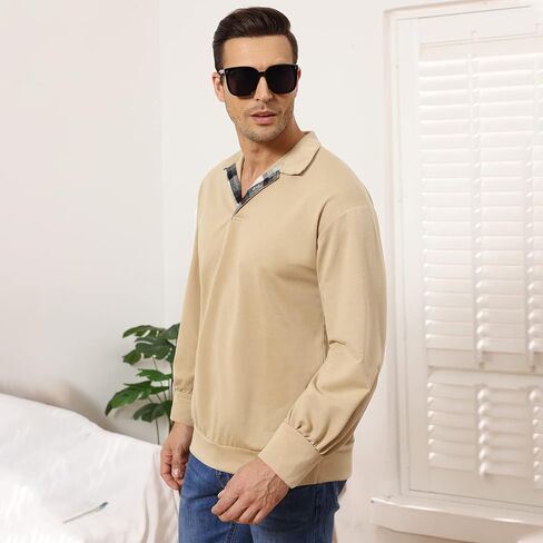 Opomelo Men's Long Sleeve Pullover Polo Shirts-Casual Loose Fit Sweatshirts V Neck Tops in Saudi Arabia