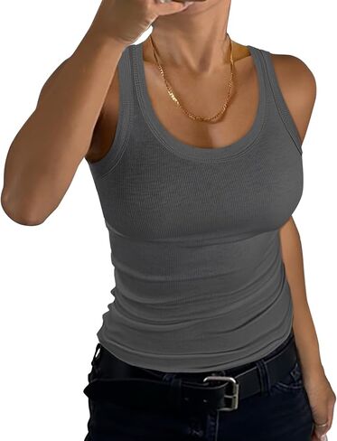 GEMBERA Womens Scoop Neck Sleeveless Racerback Ribbed Knit Slim Fitted Basic Tank Top Shirt in Saudi Arabia