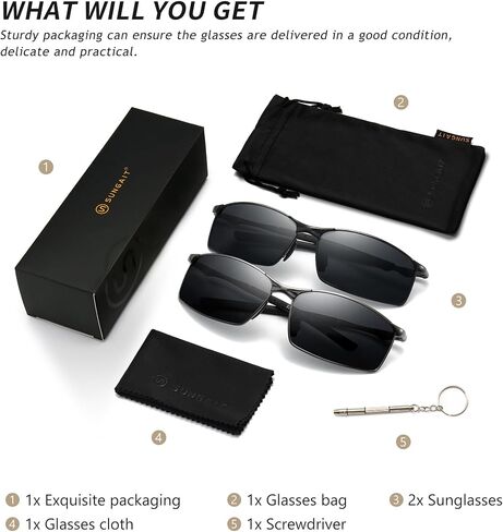 SUNGAIT Ultra-Lightweight Polarized Sunglasses Men for Driving Fishing Golf, Rectangular Metal Frame with Spring Hinge in Kuwait