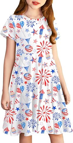 Lazychild Girls 4th July Dress Kids American Flag Dresses USA Stars Summer Dress Partic Party Party Tops 5-14 Years in Saudi Arabia