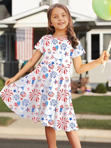 Lazychild Girls 4th July Dress Kids American Flag Dresses USA Stars Summer Dress Partic Party Party Tops 5-14 Years in Saudi Arabia