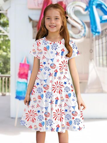 Lazychild Girls 4th July Dress Kids American Flag Dresses USA Stars Summer Dress Partic Party Party Tops 5-14 Years in Saudi Arabia