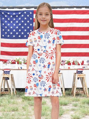 Lazychild Girls 4th July Dress Kids American Flag Dresses USA Stars Summer Dress Partic Party Party Tops 5-14 Years in Saudi Arabia