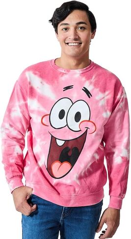 Bioworld Spongebob Squarepants Big Face Patrick Men's Pink Spiral Wash Crew Neck Long Sleeve Fleece Sweatshirt in Saudi Arabia